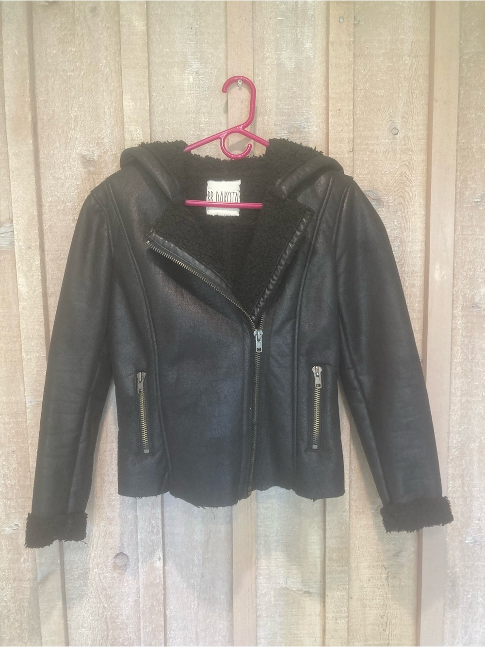 BB Dakota Black Faux Leather Shearling Hooded Jacket